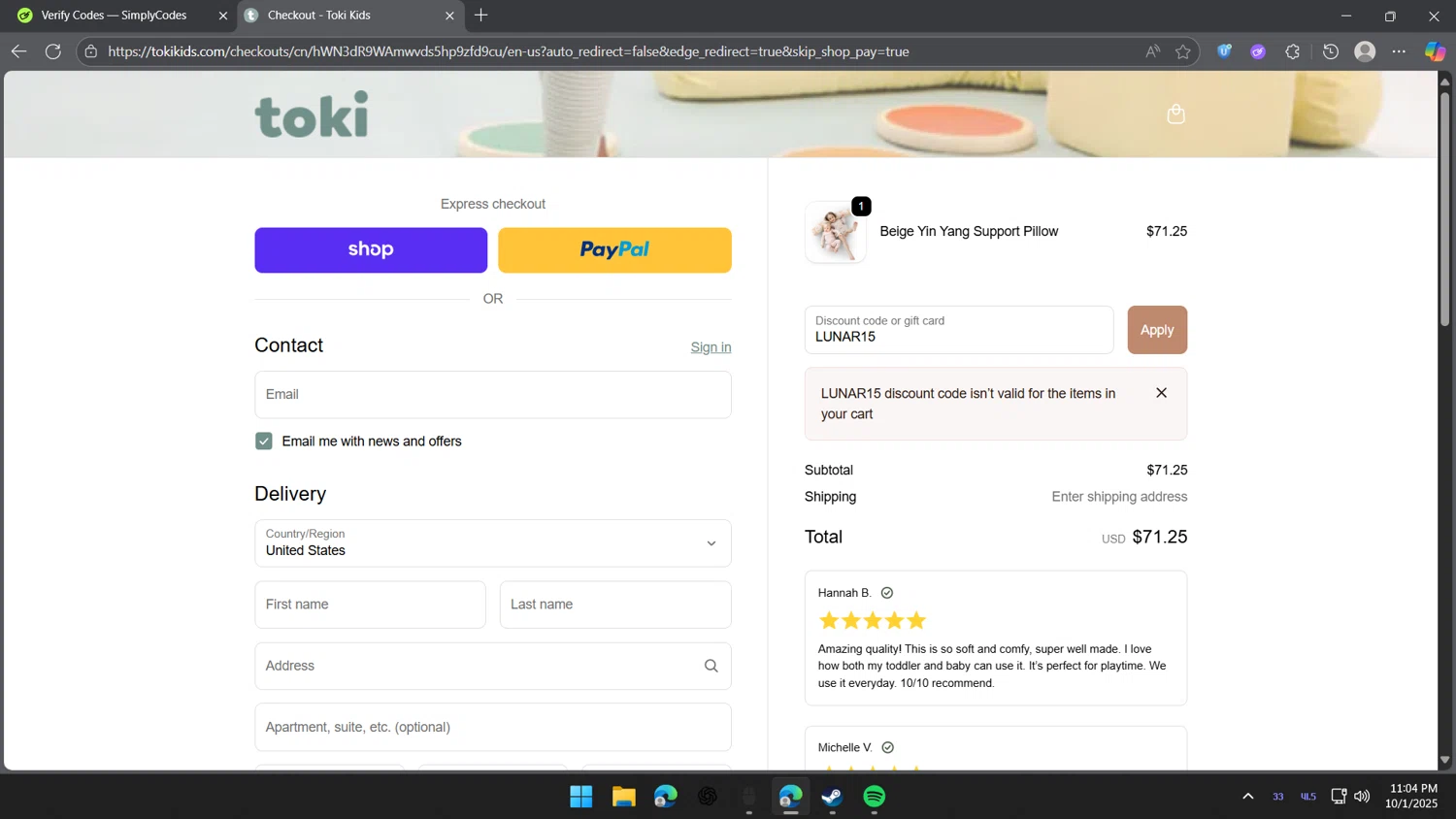 Toki Mats discount code screenshot showing code LUNAR15 applied at Toki Mats checkout page. Uploaded by SimplyCodes community member TheJoyBoy on Oct 2, 2025