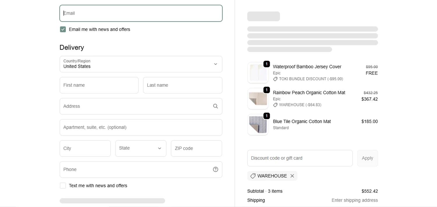 Toki Mats discount code screenshot showing code warehouse applied at Toki Mats checkout page. Uploaded by SimplyCodes community member juanisaac on Feb 4, 2026