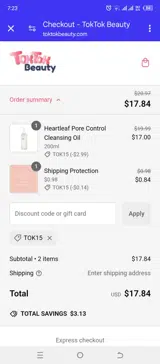 TokTok Beauty coupon verification screenshot