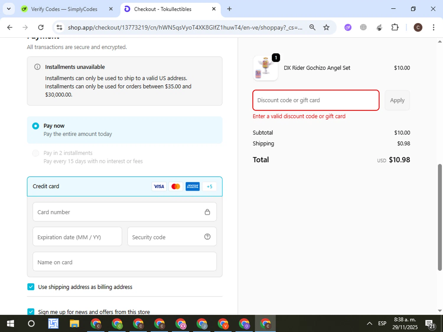 Tokullectibles discount code screenshot showing code RAZ2025 applied at Tokullectibles checkout page. Uploaded by SimplyCodes community member VictorL on Nov 29, 2025