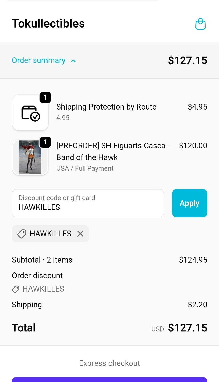 Tokullectibles discount code screenshot showing code HAWKILLES applied at Tokullectibles checkout page. Uploaded by SimplyCodes community member JuanMonge on Nov 5, 2025