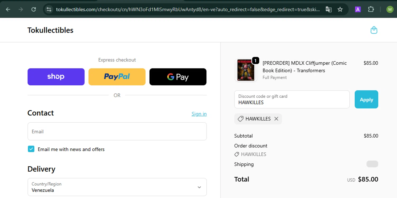 Tokullectibles discount code screenshot showing code HAWKILLES applied at Tokullectibles checkout page. Uploaded by SimplyCodes community member Marysan on Oct 6, 2025