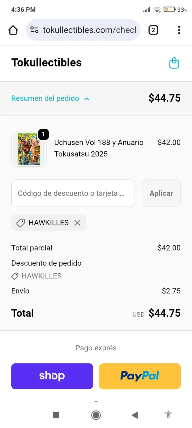 Tokullectibles discount code screenshot showing code HAWKILLES applied at Tokullectibles checkout page. Uploaded by SimplyCodes community member MoneyElite1451 on Oct 2, 2025