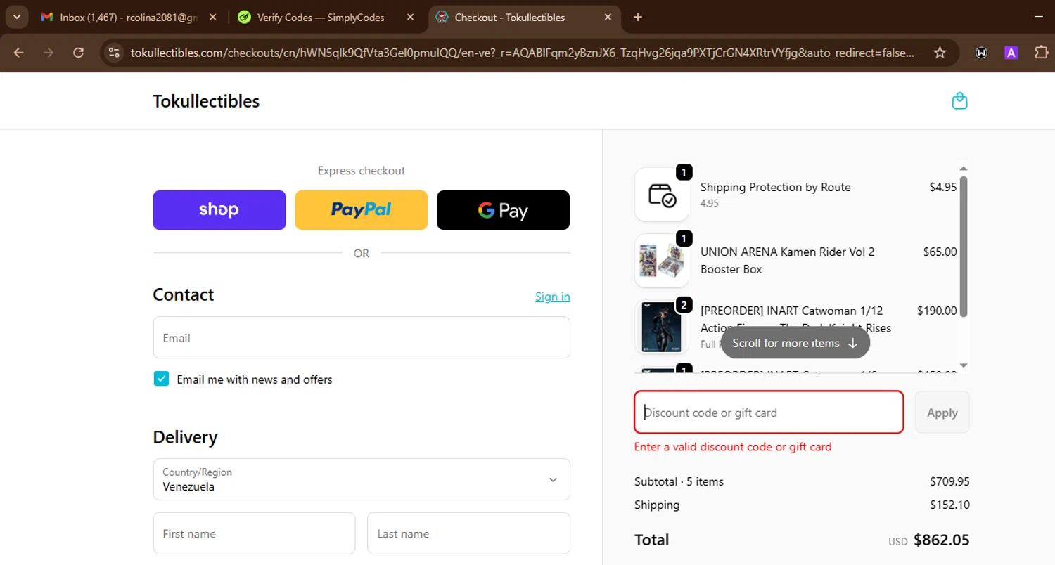 Tokullectibles discount code screenshot showing code KLTOYBOX applied at Tokullectibles checkout page. Uploaded by SimplyCodes community member SnoopDogg on Nov 29, 2025
