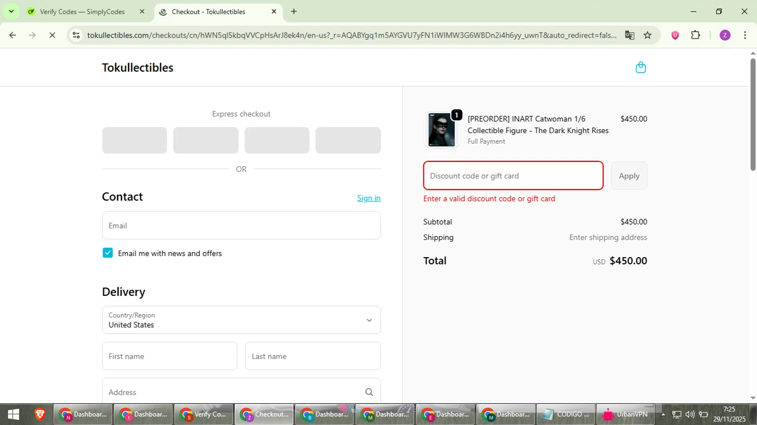 Tokullectibles discount code screenshot showing code KLTOYBOX applied at Tokullectibles checkout page. Uploaded by SimplyCodes community member ValiantFinder3275 on Nov 29, 2025