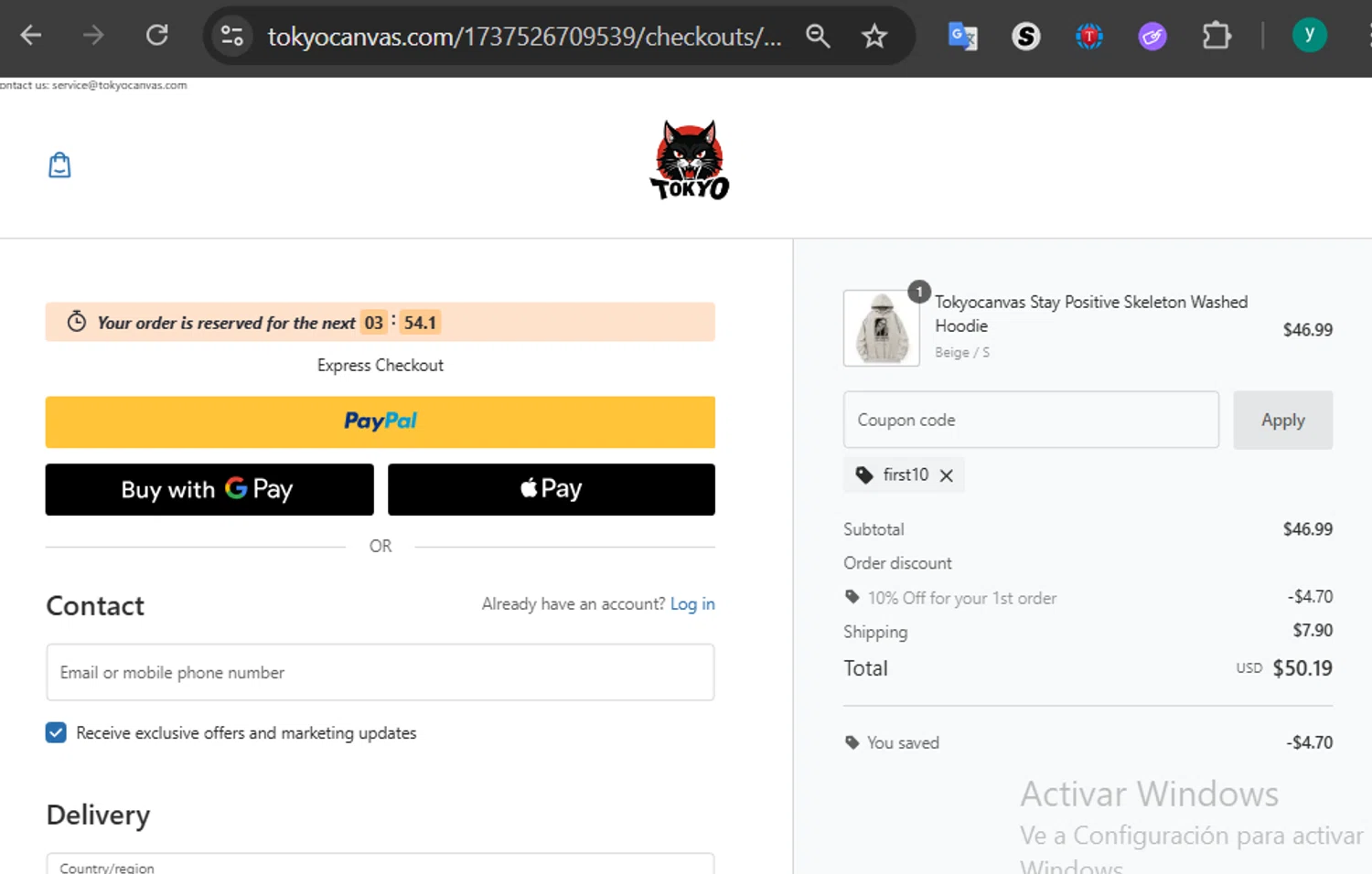 Tokyocanvas promo code screenshot showing code first10 applied at Tokyocanvas checkout page. Uploaded by SimplyCodes community member 502312 on Aug 18, 2025