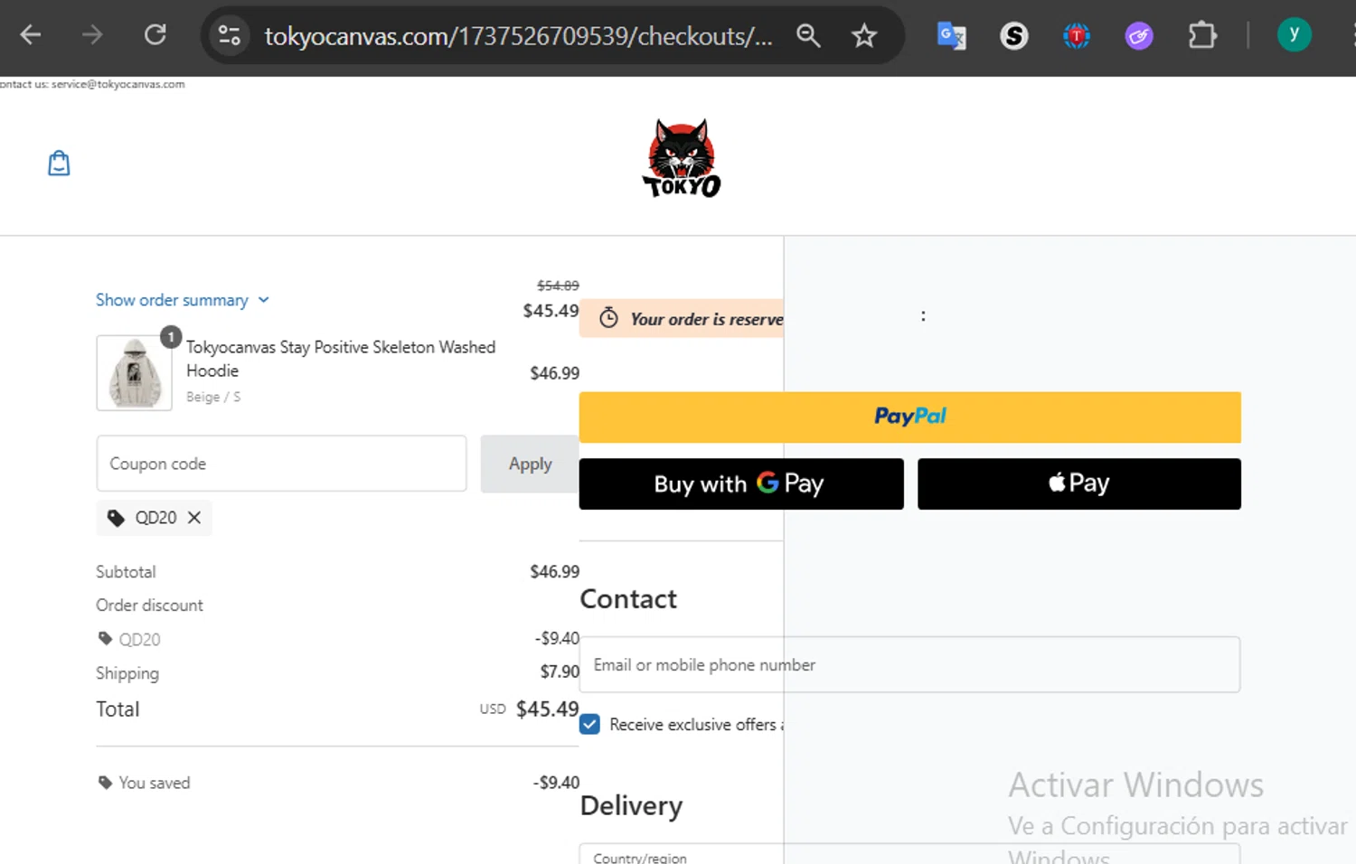 Tokyocanvas promo code screenshot showing code QD20 applied at Tokyocanvas checkout page. Uploaded by SimplyCodes community member 502312 on Aug 18, 2025