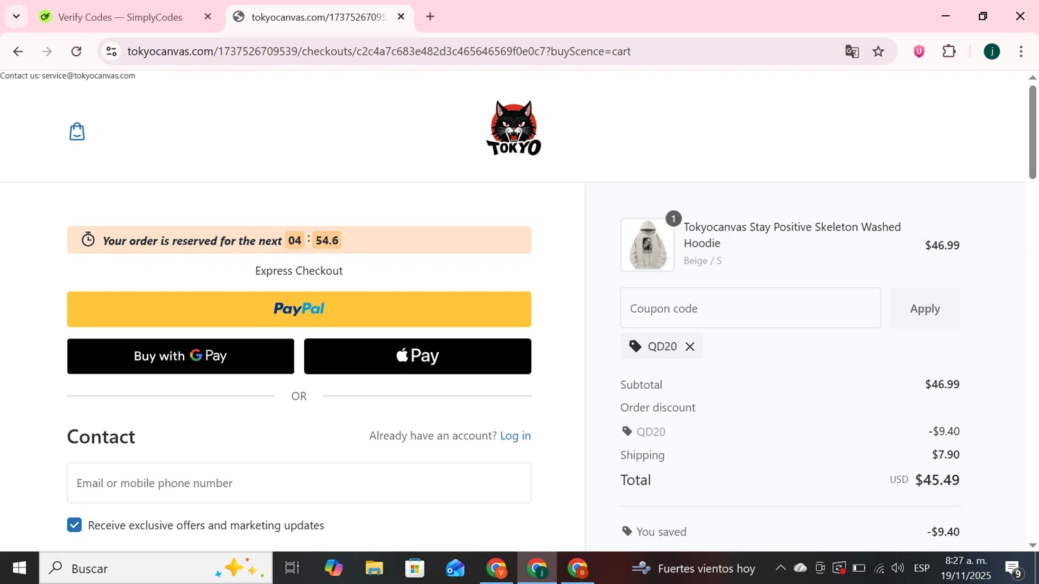 Tokyocanvas promo code screenshot showing code QD20 applied at Tokyocanvas checkout page. Uploaded by SimplyCodes community member MoneySpotter5416 on Nov 19, 2025
