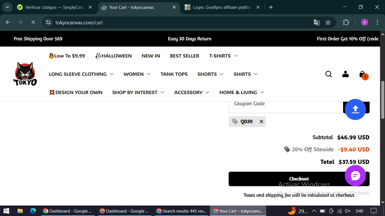 Tokyocanvas promo code screenshot showing code QD20 applied at Tokyocanvas checkout page. Uploaded by SimplyCodes community member alexandracarolina on Sep 22, 2025