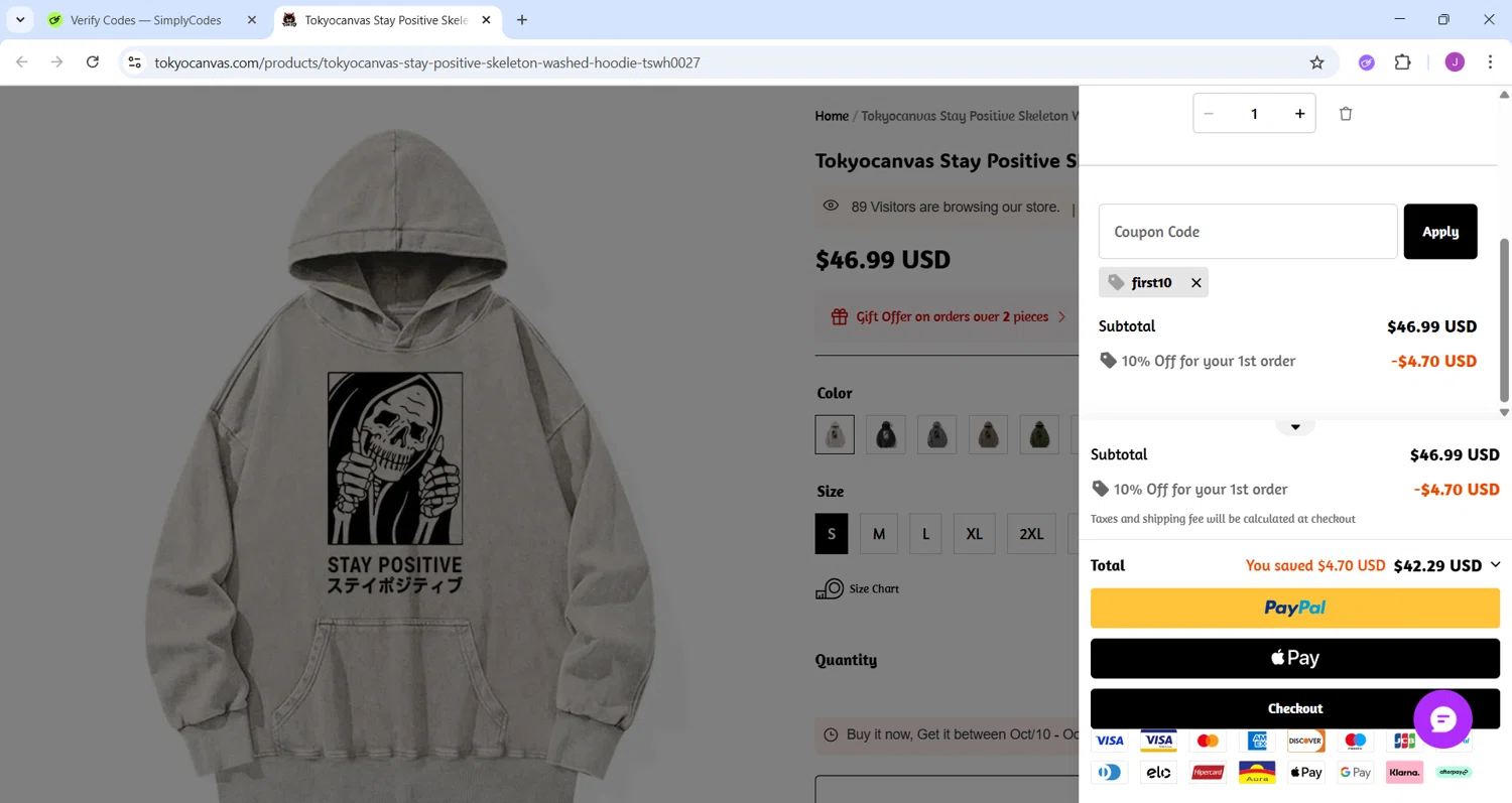 Tokyocanvas promo code screenshot showing code first10 applied at Tokyocanvas checkout page. Uploaded by SimplyCodes community member CleverChaser8361 on Oct 3, 2025