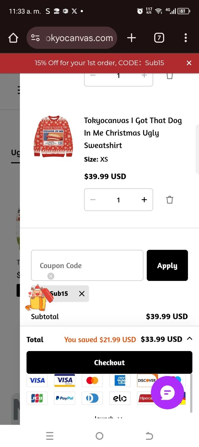Tokyocanvas promo code screenshot showing code Sub15 applied at Tokyocanvas checkout page. Uploaded by SimplyCodes community member kellymoreno on Dec 20, 2025