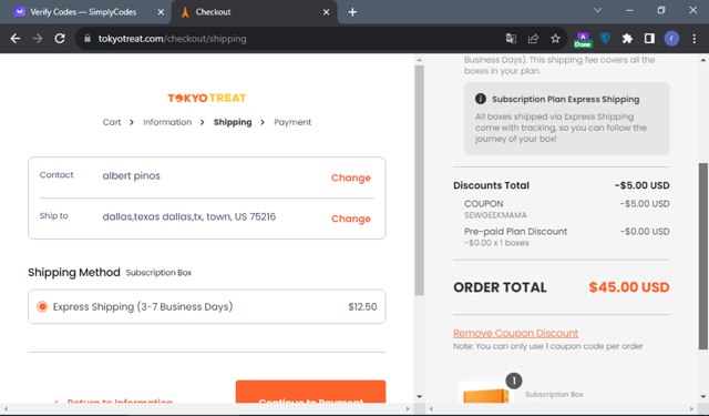 Tokyo Treat checkout page showing Tokyo Treat promo code box | Screenshot taken by SimplyCodes community member on Sep 13, 2023