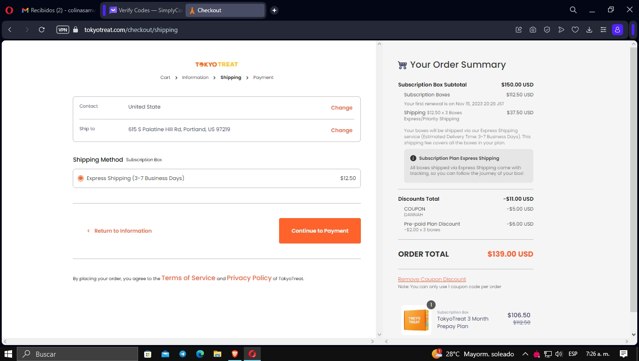 Tokyo Treat checkout page showing Tokyo Treat promo code box | Screenshot taken by SimplyCodes community member on Aug 15, 2023