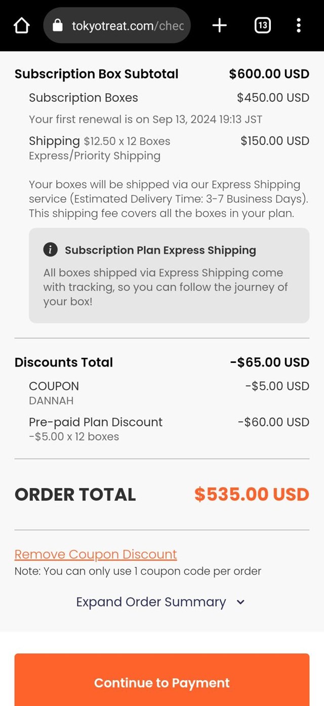 Tokyo Treat checkout page showing Tokyo Treat promo code box | Screenshot taken by SimplyCodes community member on Sep 13, 2023