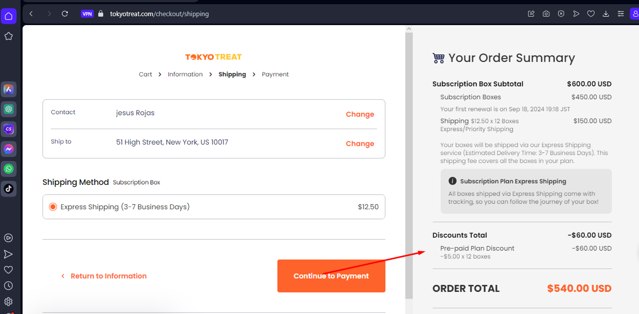 Tokyo Treat checkout page showing Tokyo Treat promo code box | Screenshot taken by SimplyCodes community member on Sep 18, 2023