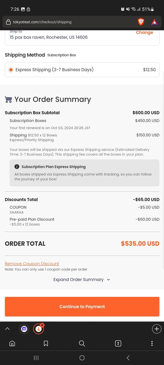 Tokyo Treat checkout page showing Tokyo Treat promo code box | Screenshot taken by SimplyCodes community member on Oct 3, 2023