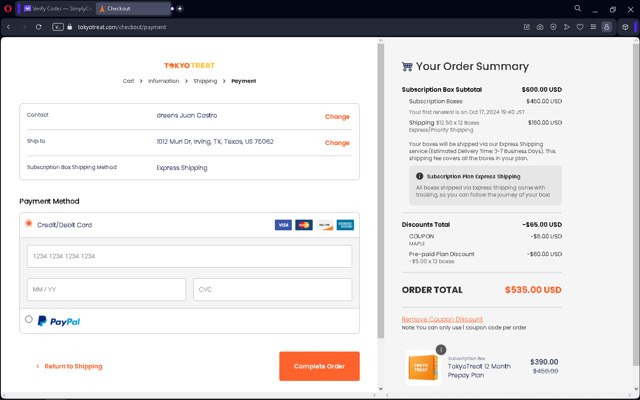 Tokyo Treat checkout page showing Tokyo Treat promo code box | Screenshot taken by SimplyCodes community member on Oct 17, 2023