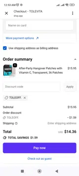 Toleoff. coupon verification screenshot