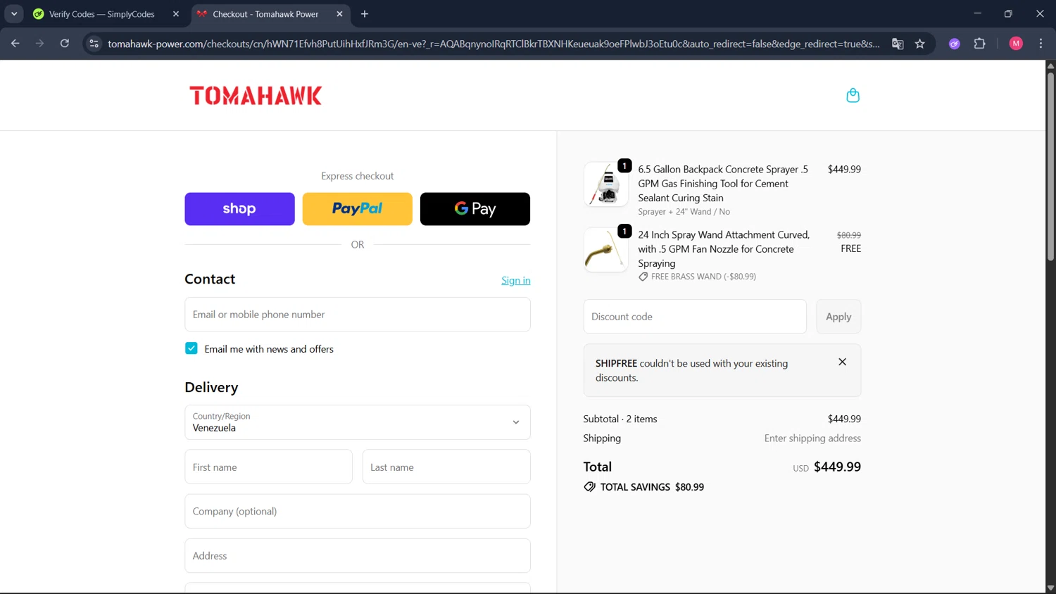 Tomahawk Power promo code screenshot showing code Shipfree applied at Tomahawk Power checkout page. Uploaded by SimplyCodes community member ValueCollector4159 on Dec 30, 2025