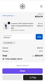 BLACK25 coupon verification screenshot