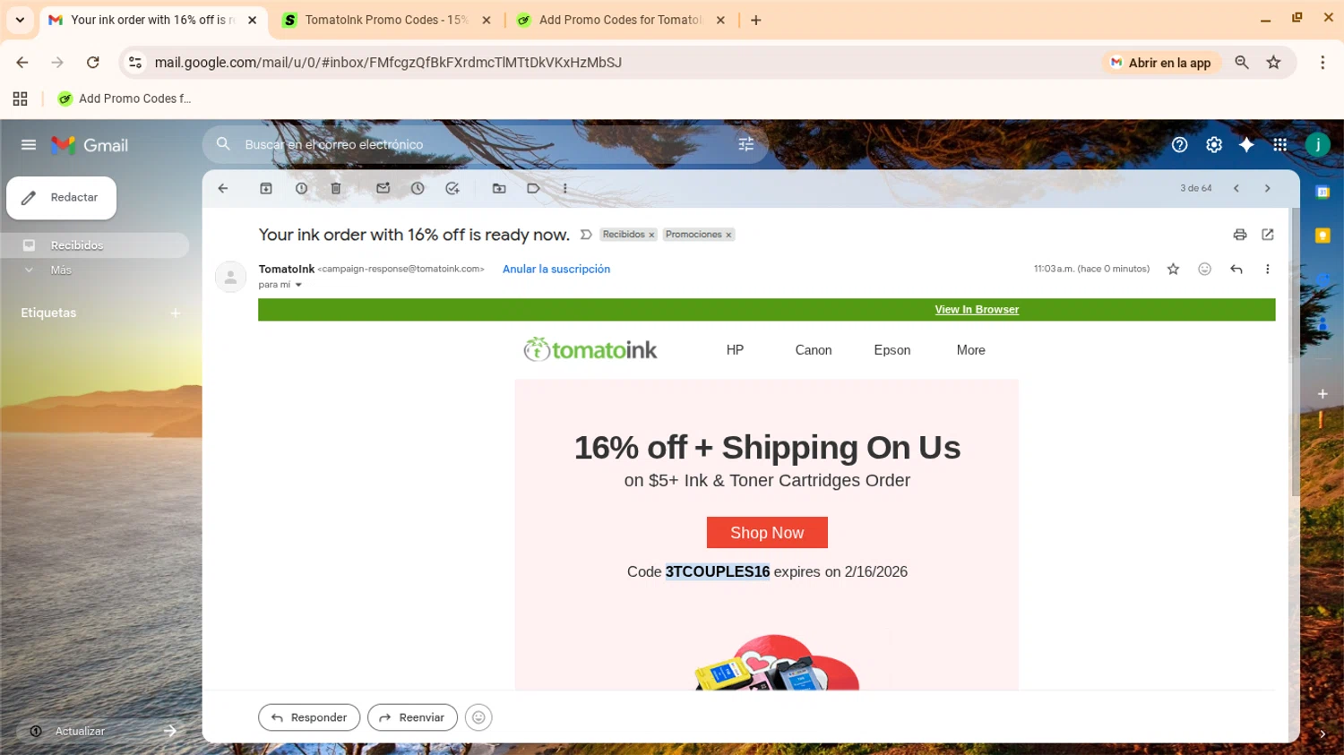 TomatoInk promo code screenshot showing code 3TCOUPLES16 applied at TomatoInk checkout page. Uploaded by SimplyCodes community member yennifergonzalez on Feb 2, 2026