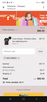 Welcome20 coupon verification screenshot