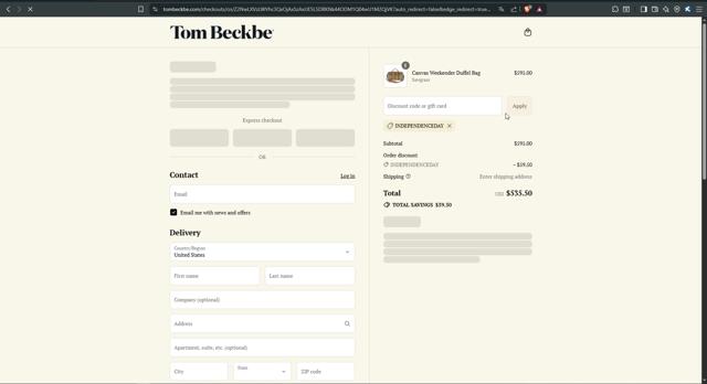 Tom Beckbe checkout page showing Tom Beckbe discount code box | Screenshot taken by SimplyCodes community member on Jul 13, 2025