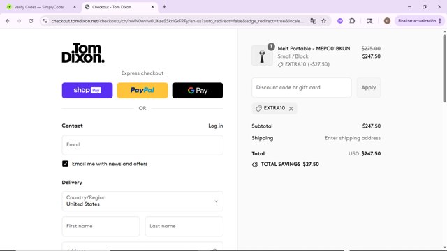 Tom Dixon checkout page showing Tom Dixon promo code box | Screenshot taken by SimplyCodes community member on Jul 23, 2025