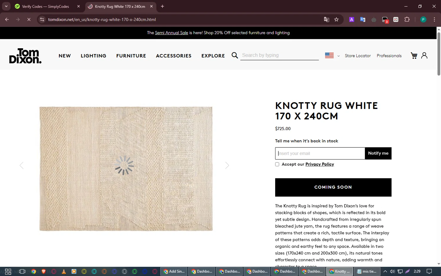 Tom Dixon promo code screenshot showing code WELCOME15 applied at Tom Dixon checkout page. Uploaded by SimplyCodes community member FerminLopez on Mar 31, 2025