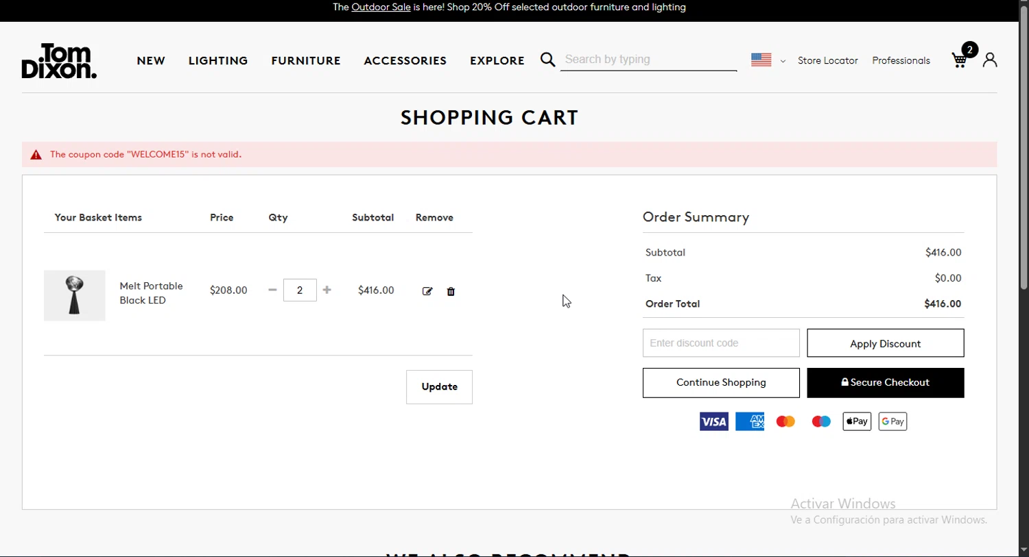 Tom Dixon promo code screenshot showing code WELCOME15 applied at Tom Dixon checkout page. Uploaded by SimplyCodes community member Heibk201 on Apr 9, 2025