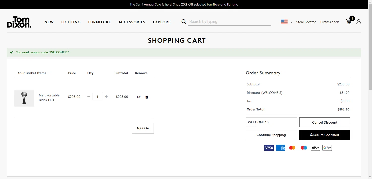 Tom Dixon promo code screenshot showing code WELCOME15 applied at Tom Dixon checkout page. Uploaded by SimplyCodes community member echidanarara on Mar 31, 2025