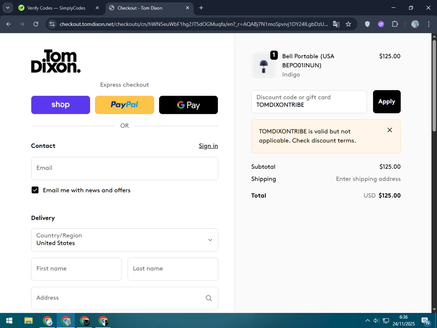 Tom Dixon promo code screenshot showing code TOMDIXONTRIBE applied at Tom Dixon checkout page. Uploaded by SimplyCodes community member LegendaryPro7106 on Nov 24, 2025