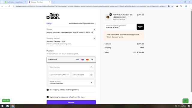 Tom Dixon checkout page showing Tom Dixon promo code box | Screenshot taken by SimplyCodes community member on Sep 27, 2025