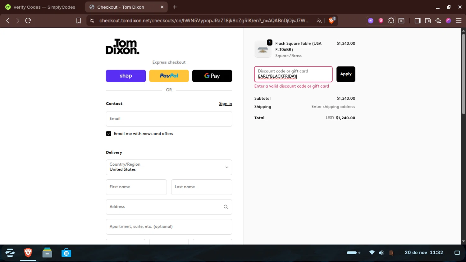 Tom Dixon promo code screenshot showing code EARLYBLACKFRIDAY applied at Tom Dixon checkout page. Uploaded by SimplyCodes community member SwiftTracker9305 on Nov 20, 2025