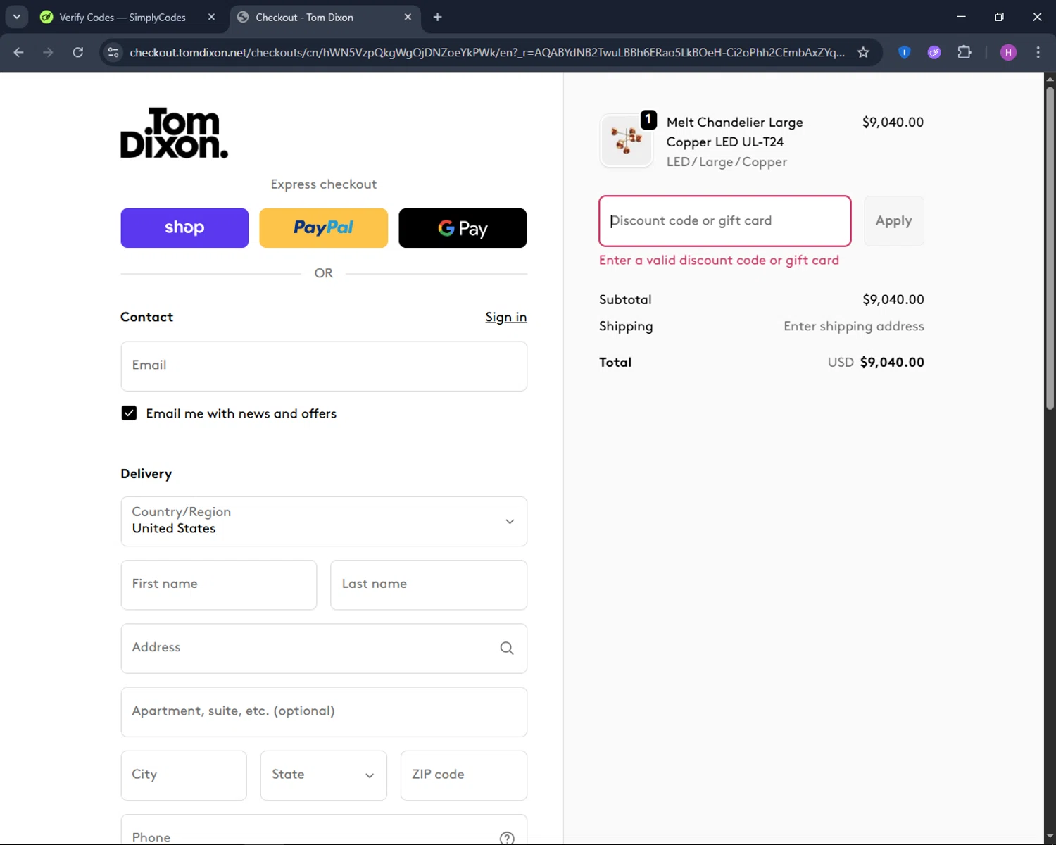 Tom Dixon promo code screenshot showing code EARLYBLACKFRIDAY applied at Tom Dixon checkout page. Uploaded by SimplyCodes community member TokenNavigator6891 on Nov 20, 2025