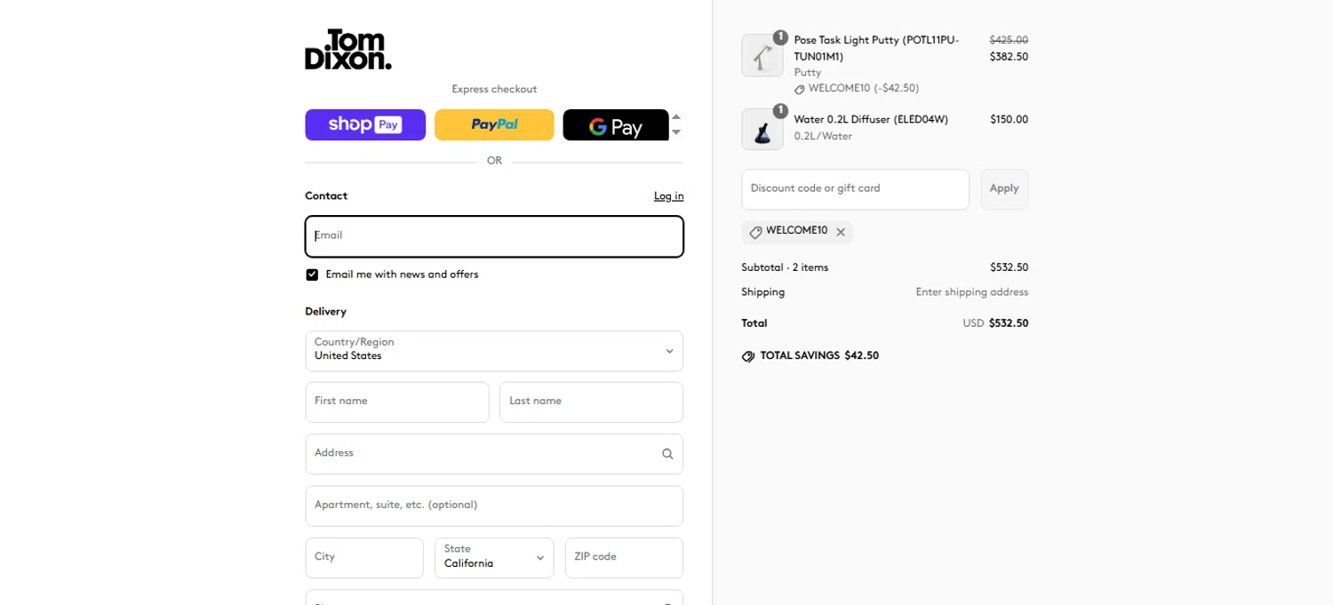 Tom Dixon promo code screenshot showing code WELCOME10 applied at Tom Dixon checkout page. Uploaded by SimplyCodes community member bettercallkim on Jun 20, 2025
