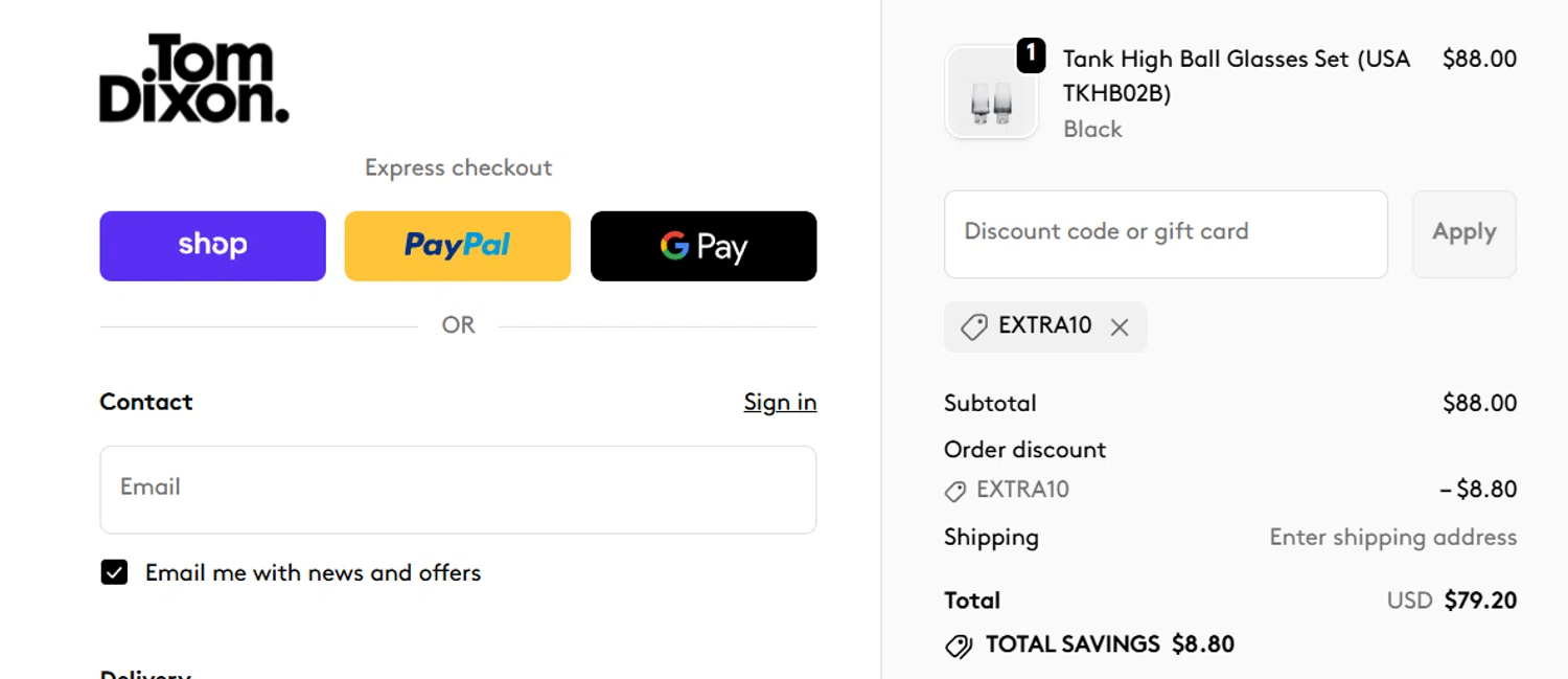 Tom Dixon promo code screenshot showing code EXTRA10 applied at Tom Dixon checkout page. Uploaded by SimplyCodes community member jesspea on Nov 27, 2025