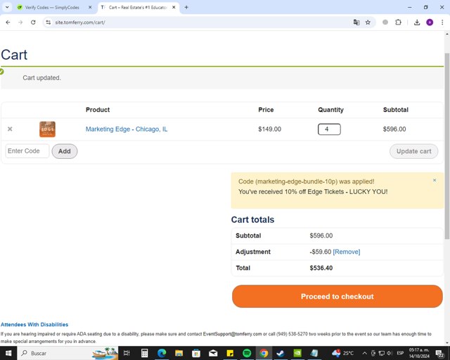 Tom Ferry checkout page showing Tom Ferry discount code box | Screenshot taken by SimplyCodes community member on Oct 14, 2024