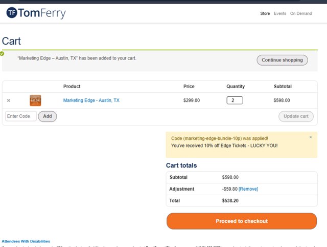 Tom Ferry checkout page showing Tom Ferry discount code box | Screenshot taken by SimplyCodes community member on Dec 3, 2024