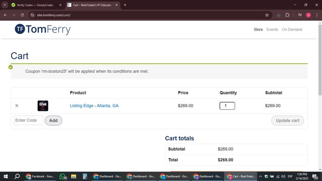 Tom Ferry checkout page showing Tom Ferry discount code box | Screenshot taken by SimplyCodes community member on Feb 14, 2025