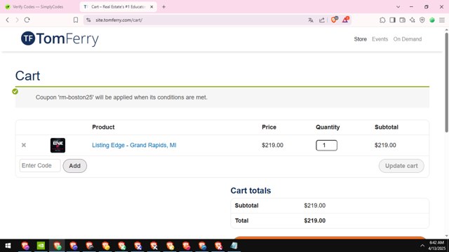 Tom Ferry checkout page showing Tom Ferry discount code box | Screenshot taken by SimplyCodes community member on Apr 13, 2025