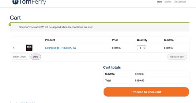 Tom Ferry checkout page showing Tom Ferry discount code box | Screenshot taken by SimplyCodes community member on Mar 15, 2025