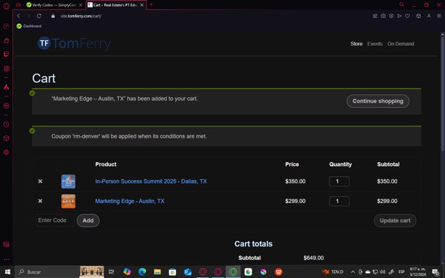 Tom Ferry checkout page showing Tom Ferry discount code box | Screenshot taken by SimplyCodes community member on Dec 3, 2024