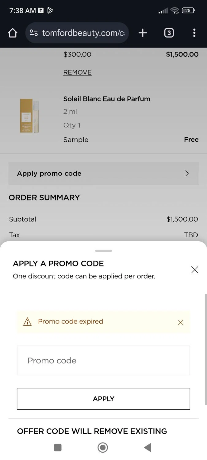 Tom Ford promo code screenshot showing code ORCHID applied at Tom Ford checkout page. Uploaded by SimplyCodes community member Josechirinopena2808 on Mar 30, 2025