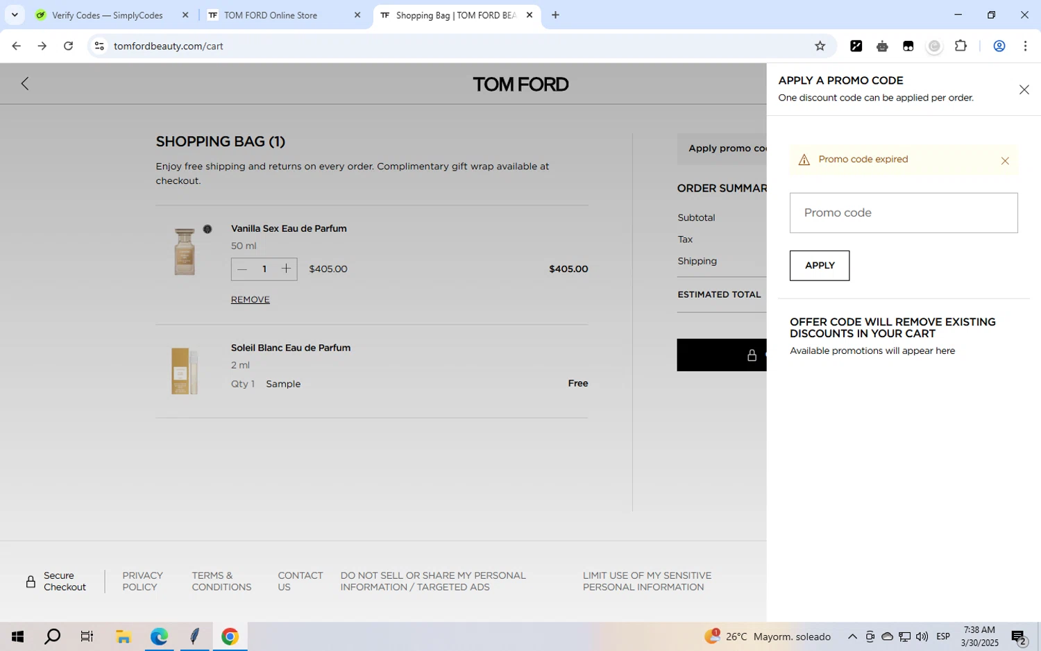 Tom Ford promo code screenshot showing code ORCHID applied at Tom Ford checkout page. Uploaded by SimplyCodes community member GloriousWizard5474 on Mar 30, 2025