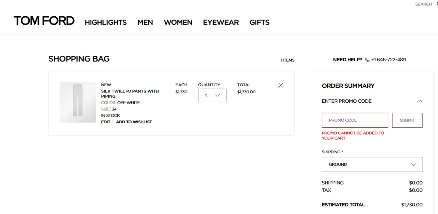 Tom Ford promo code screenshot showing code DM2025 applied at Tom Ford checkout page. Uploaded by SimplyCodes community member CoinHunter3841 on Jan 19, 2026