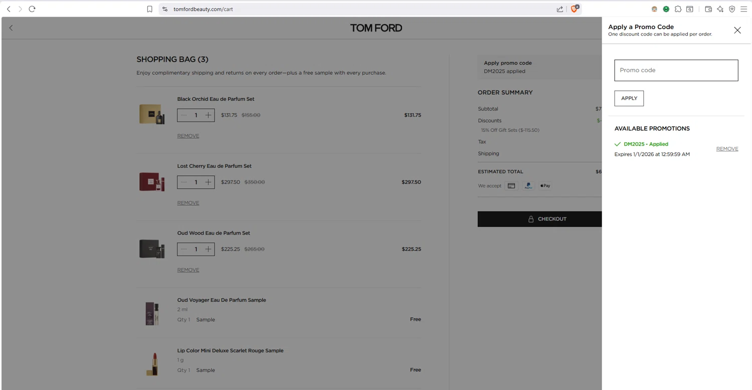 Tom Ford promo code screenshot showing code DM2025 applied at Tom Ford checkout page. Uploaded by SimplyCodes community member dayselis15 on Dec 21, 2025