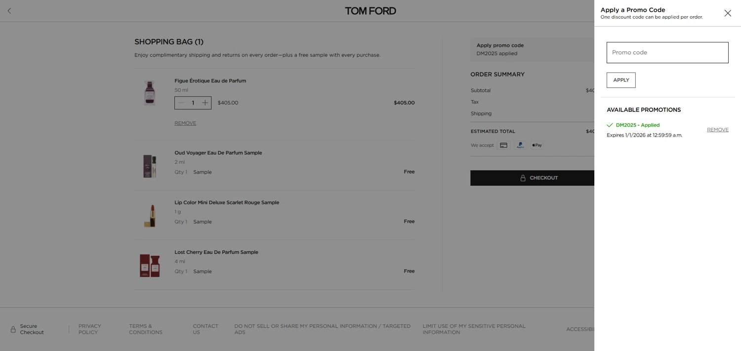 Tom Ford promo code screenshot showing code DM2025 applied at Tom Ford checkout page. Uploaded by SimplyCodes community member ivantorres on Dec 21, 2025