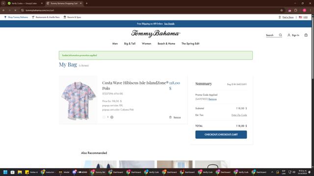 Tommy Bahama checkout page showing Tommy Bahama promo code box | Screenshot taken by SimplyCodes community member on Apr 15, 2025