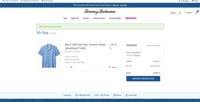 Tommy Bahama checkout page showing Tommy Bahama promo code box | Screenshot taken by SimplyCodes community member on Apr 24, 2025